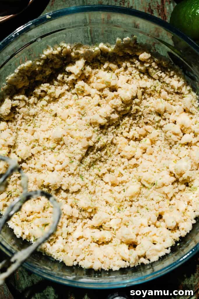 The butter and oil mixed into the dry ingredients. The mixture has different sized lumps and looks semi-moist and semi-dry.