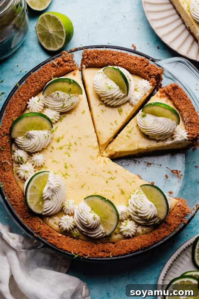 Ultra-Creamy Key Lime Pie Recipe for Perfectly Tangy Slices 3 A bird's eye view of the sliced key lime pie in the pie dish. Each slice is topped with a swirl of whipped cream and a lime slice.