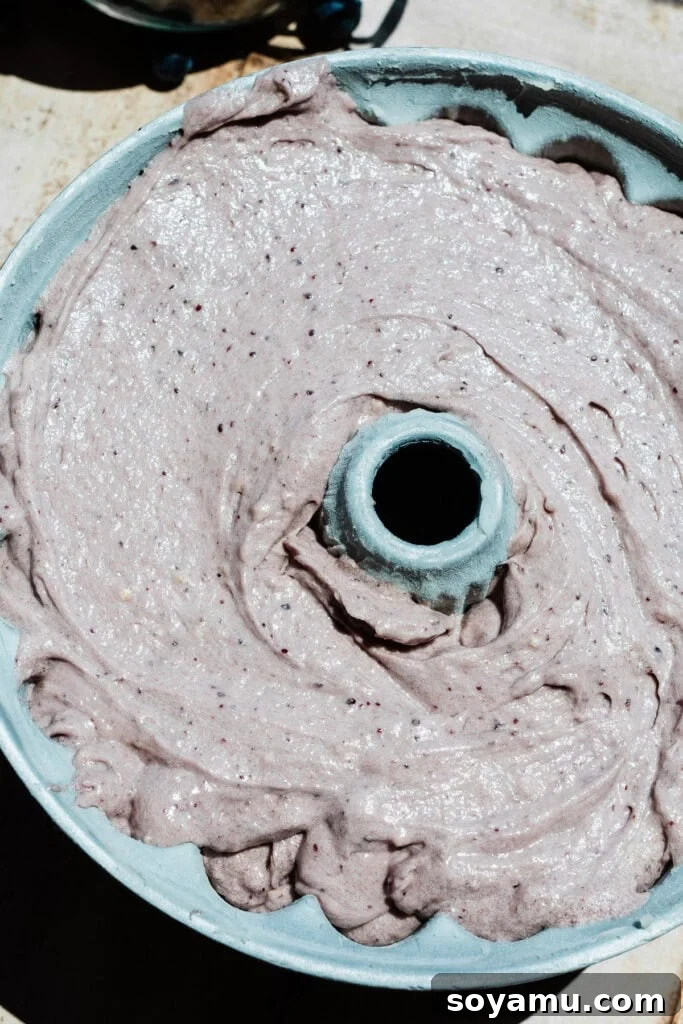 Double Blueberry Bundt Cake Recipe for Moist, Fruity Treat 11 Blueberry cake batter in a bundt pan.