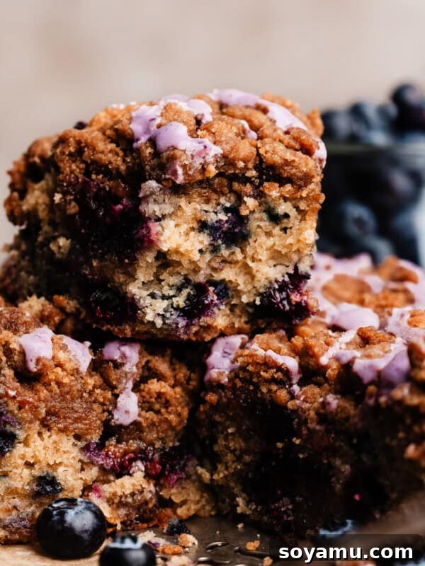 Double Blueberry Bundt Cake Recipe for Moist, Fruity Treat 19 A piece of blueberry coffee cake stacked on other slices.