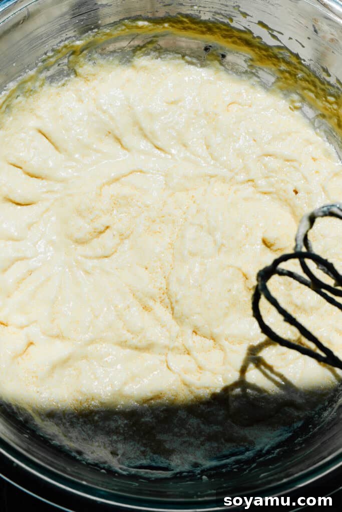 Double Blueberry Bundt Cake Recipe for Moist, Fruity Treat 8 The cake batter once eggs, water, vanilla, and sour cream have been added.