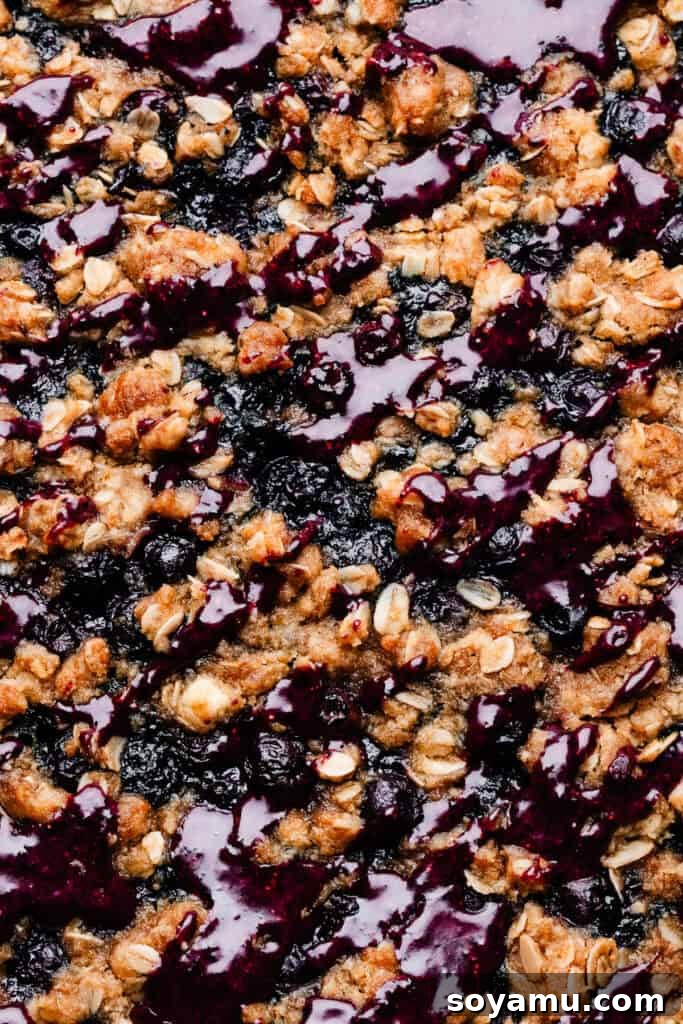 Homemade Blueberry Oat Crumble Bars 12 A close-up of the top of the unsliced blueberry bars, drizzled with vibrant blueberry glaze.