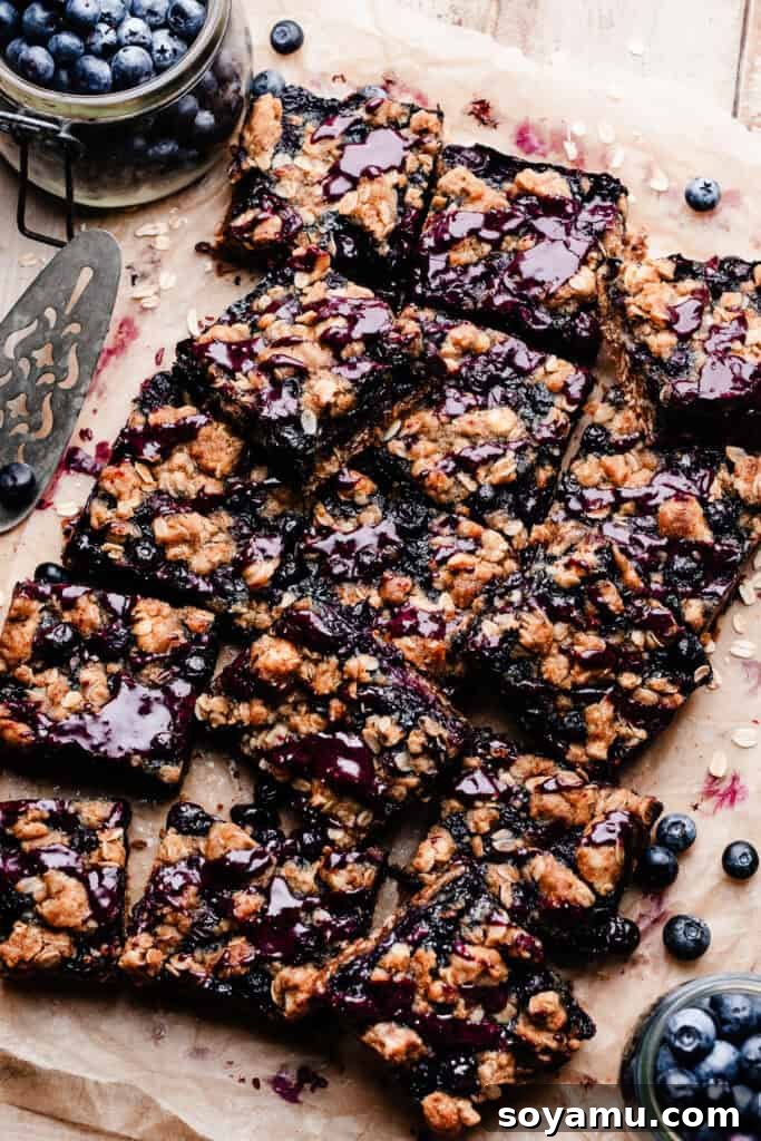 Homemade Blueberry Oat Crumble Bars 3 An overhead photo of the sliced and glazed blueberry bars.