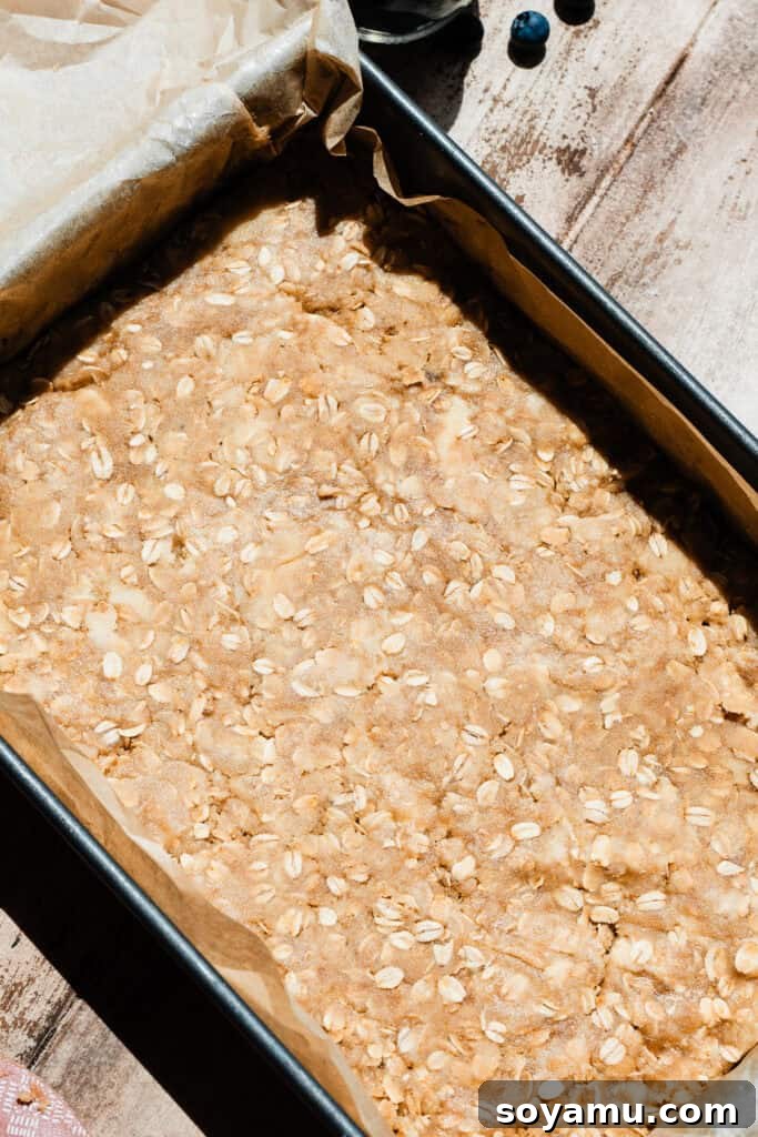 Homemade Blueberry Oat Crumble Bars 6 The crumble mixture pressed into an even layer in a 9x13 pan, ready to be baked.