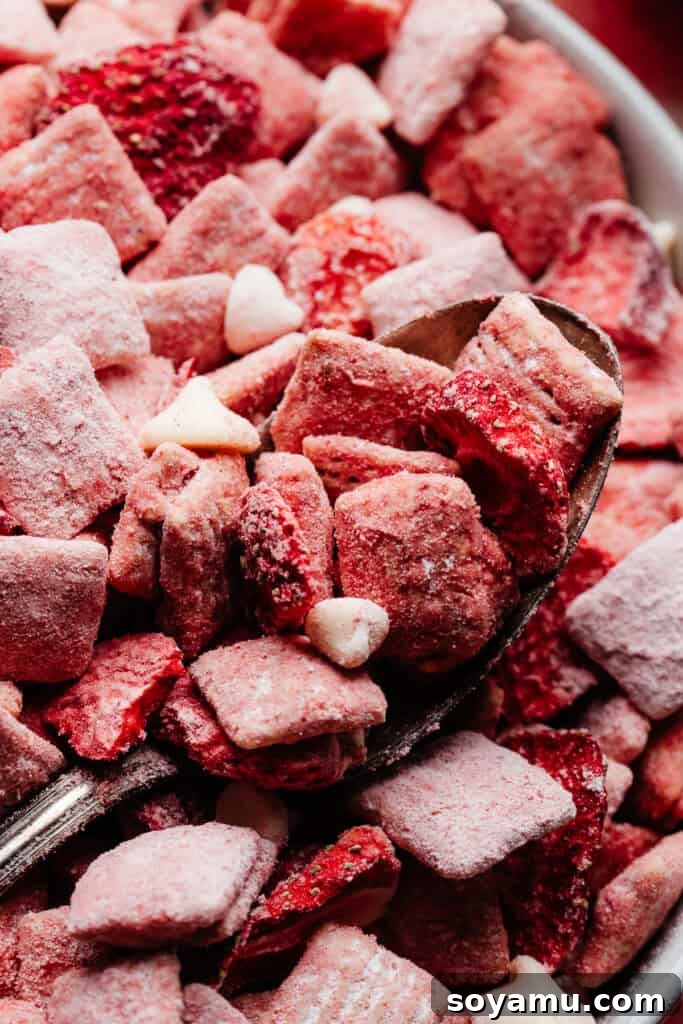 4-Ingredient Strawberries and Cream Puppy Chow Recipe 11 A close-up on a spoonful of the strawberry chex, perched in the larger serving bowl.