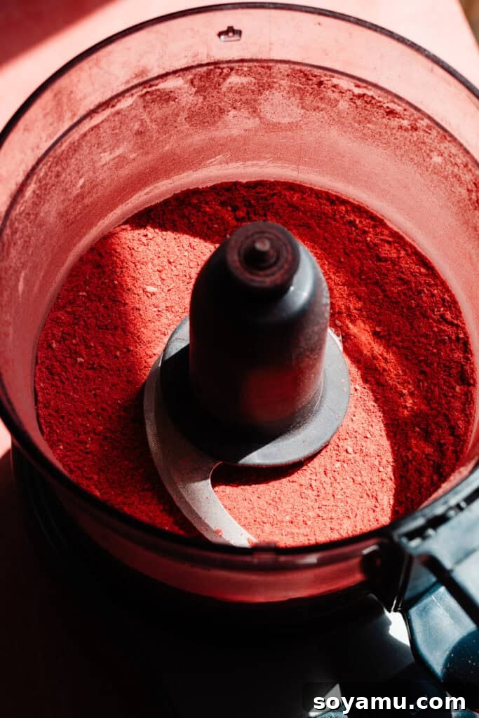 4-Ingredient Strawberries and Cream Puppy Chow Recipe 4 Freeze dried strawberry powder in the food processor.