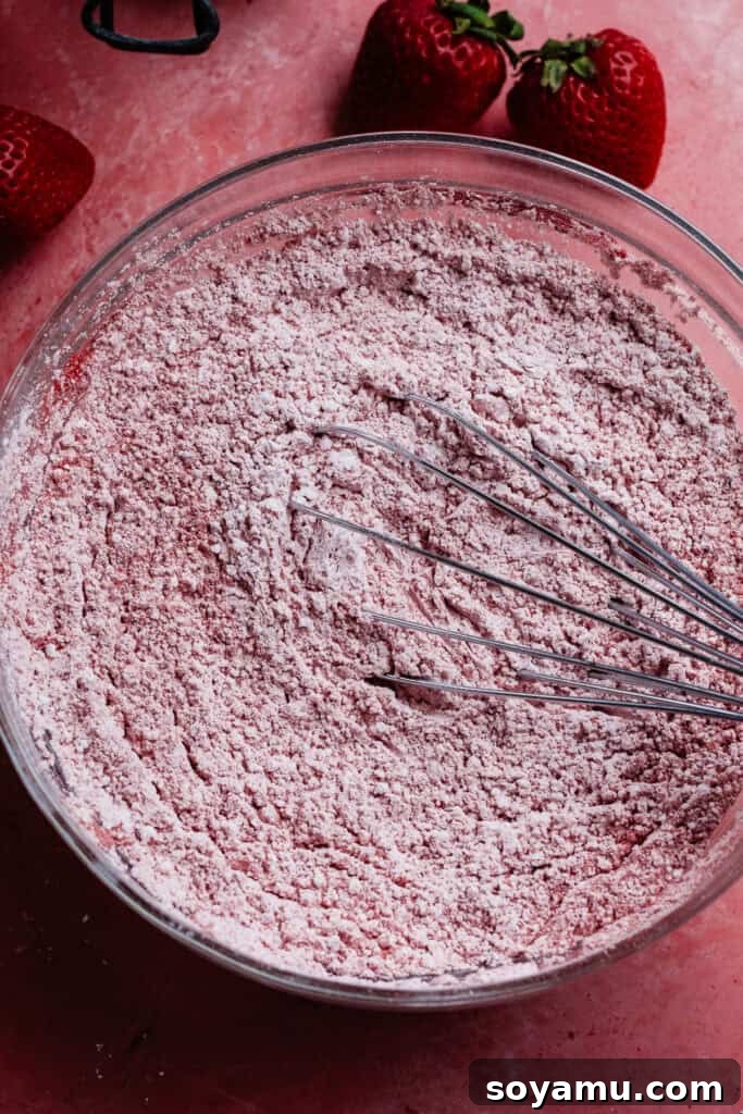 4-Ingredient Strawberries and Cream Puppy Chow Recipe 7 A bowl of the freeze-dried strawberry powder whisked together with powdered sugar.