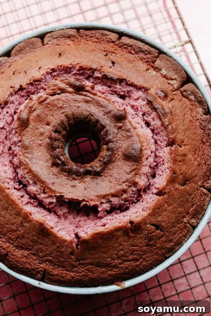 The baked cake cooling in the pan, on a wire rack.