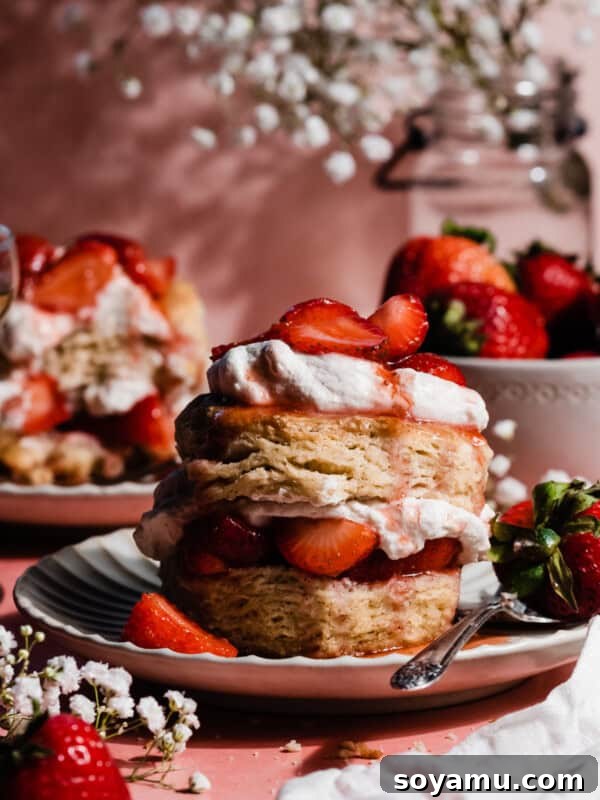 A double decker strawberry shortcake, with bright red strawberry juices gently dripping down the side of the tall fluffy biscuit.