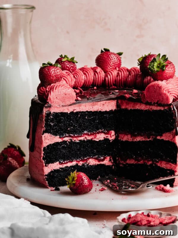 The sliced cake on a marble cake plate, showing the layers of chocolate cake, strawberry filling, and strawberry frosting.
