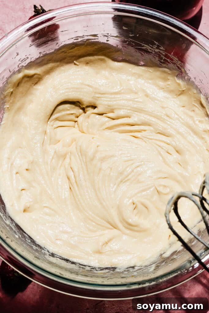 A bowl of the smoother batter, once sour cream is added.