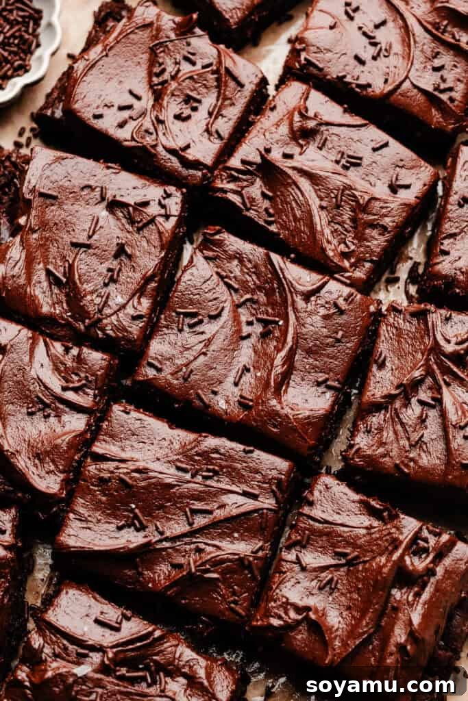Sheet-Pan Brownies with Rich Chocolate Fudge Frosting 13 An overhead image of the sliced, frosted brownies.
