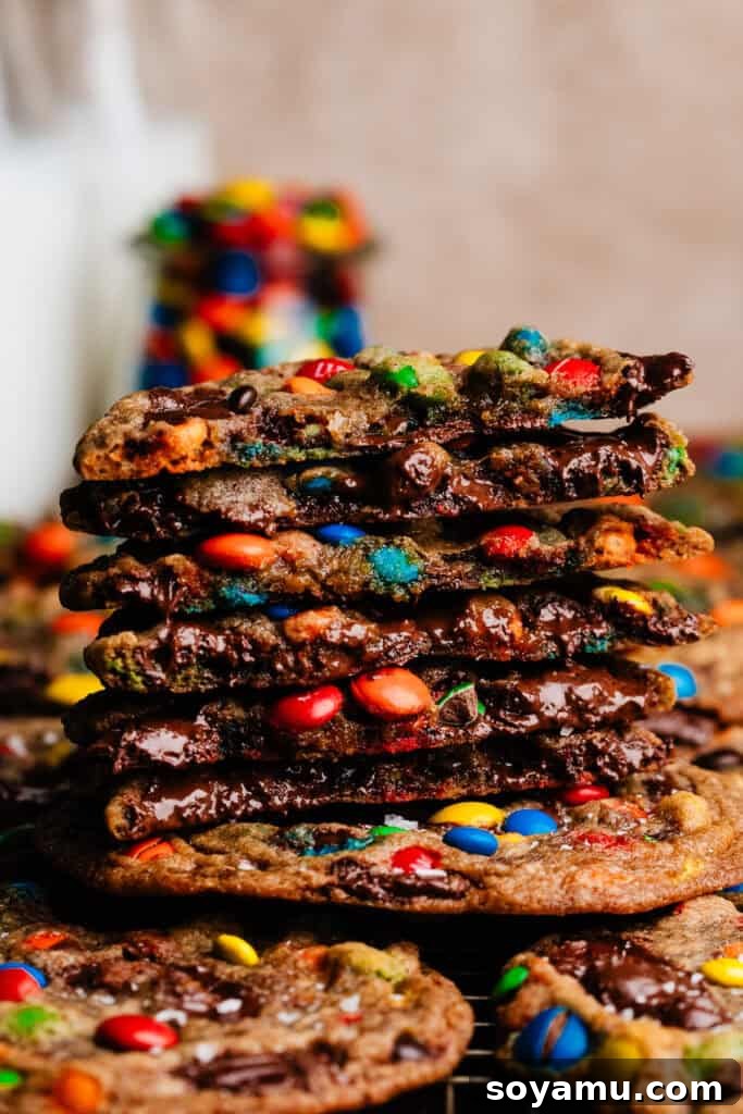 Thin, Chewy M&M Chocolate Chip Cookies 13 A stack of halves of the cookies, with small bottles of milk in the background.