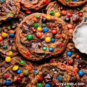 A bird's eye view of the thin and chewy m&m cookies on a cooling rack.