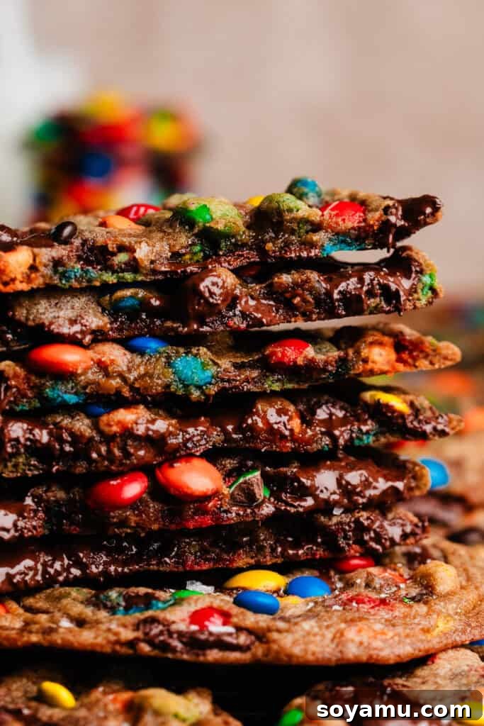 Thin, Chewy M&M Chocolate Chip Cookies 3 A close-up on a stack of halves of the cookies, showing the chewy and gooey insides.