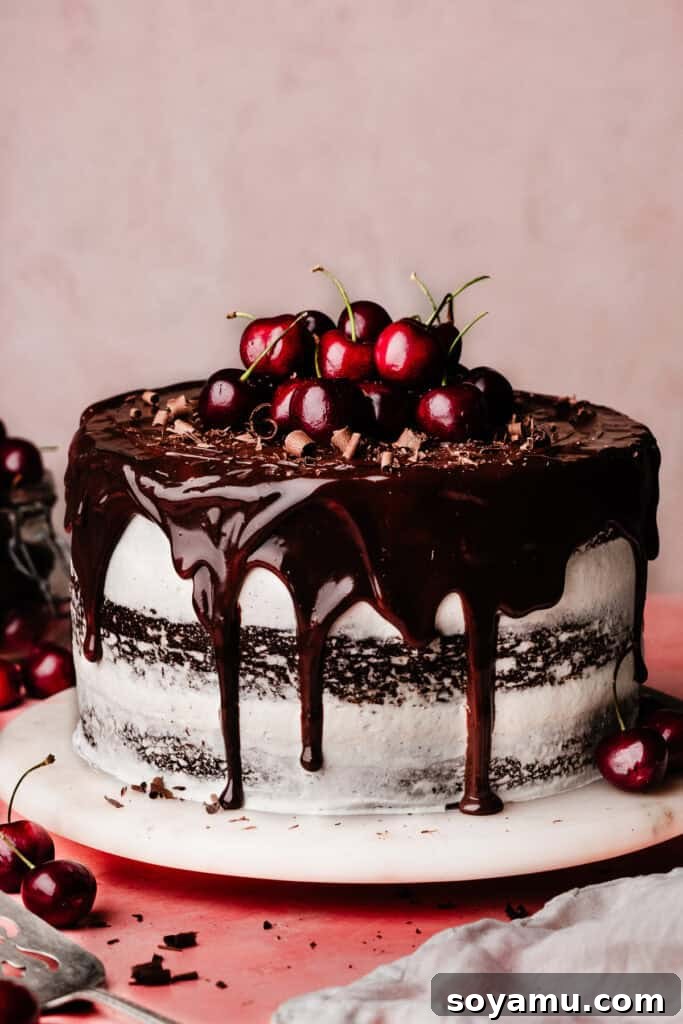 The fully assembled black forest cake on a marble cake plate, with a chocolate drip cascading down the sides, and fresh cherries on top.