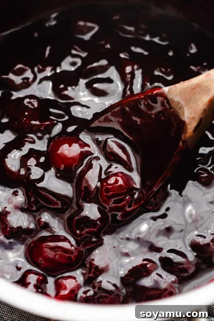 A spoon stirring a pot of cherry compote on the stove.