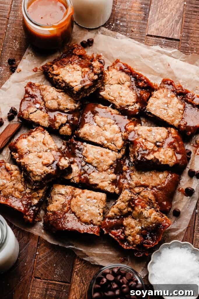 Carmelita Bars with Homemade Salted Caramel Filling 13 An overhead photo of the sliced bars, on a dark wooden background.