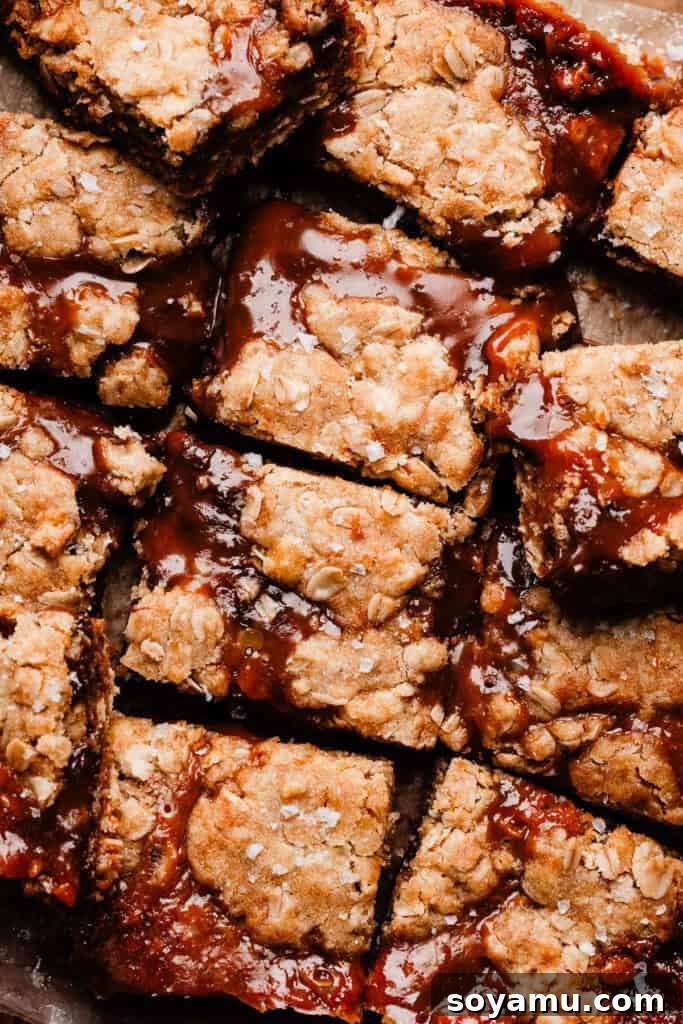 Carmelita Bars with Homemade Salted Caramel Filling 3 A bird's eye view of the sliced carmelita bars, topped with flaky sea salt.