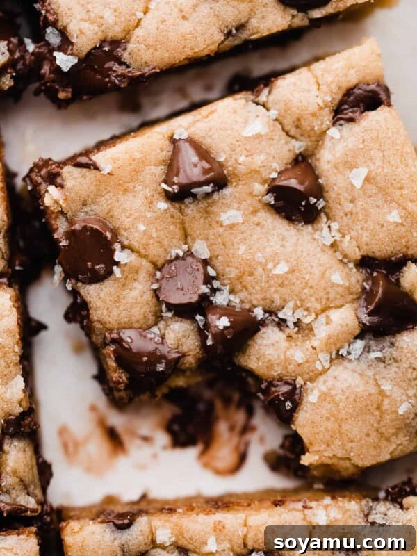 A close-up of a chocolate chip cookie bar with a bite missing and flaky sea salt on top.