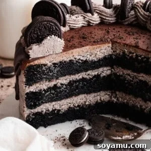 Decadent Moist Oreo Cake Recipe 21 The sliced cake on a cake plate, showing the layers of moist chocoalte cake and oreo frosting.