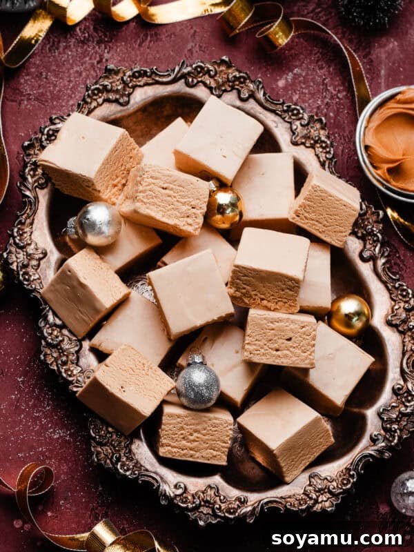 Slices of peanut butter fudge in a vintage metal tray on a burgundy backdrop.