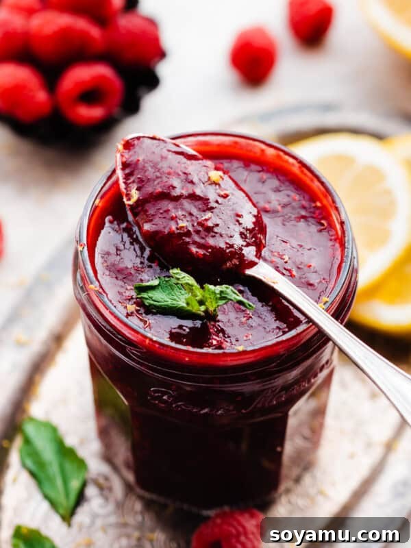 A spoonful of raspberry sauce resting on a jar full.