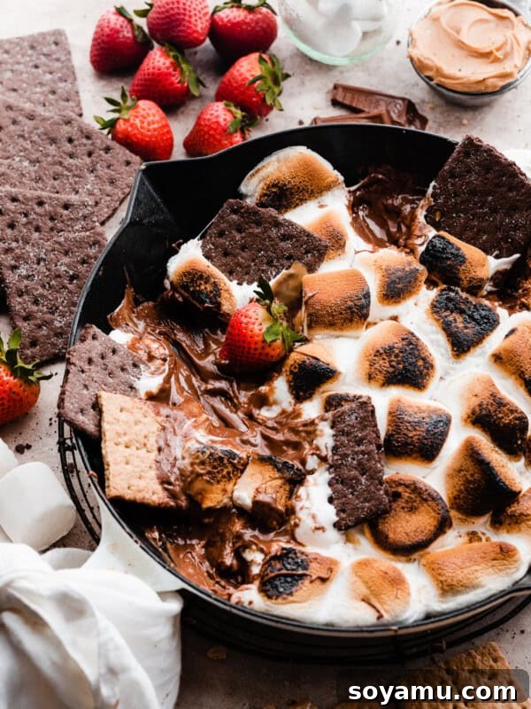 A skillet of s'mores dip with graham crackers scooping out the melty dip.