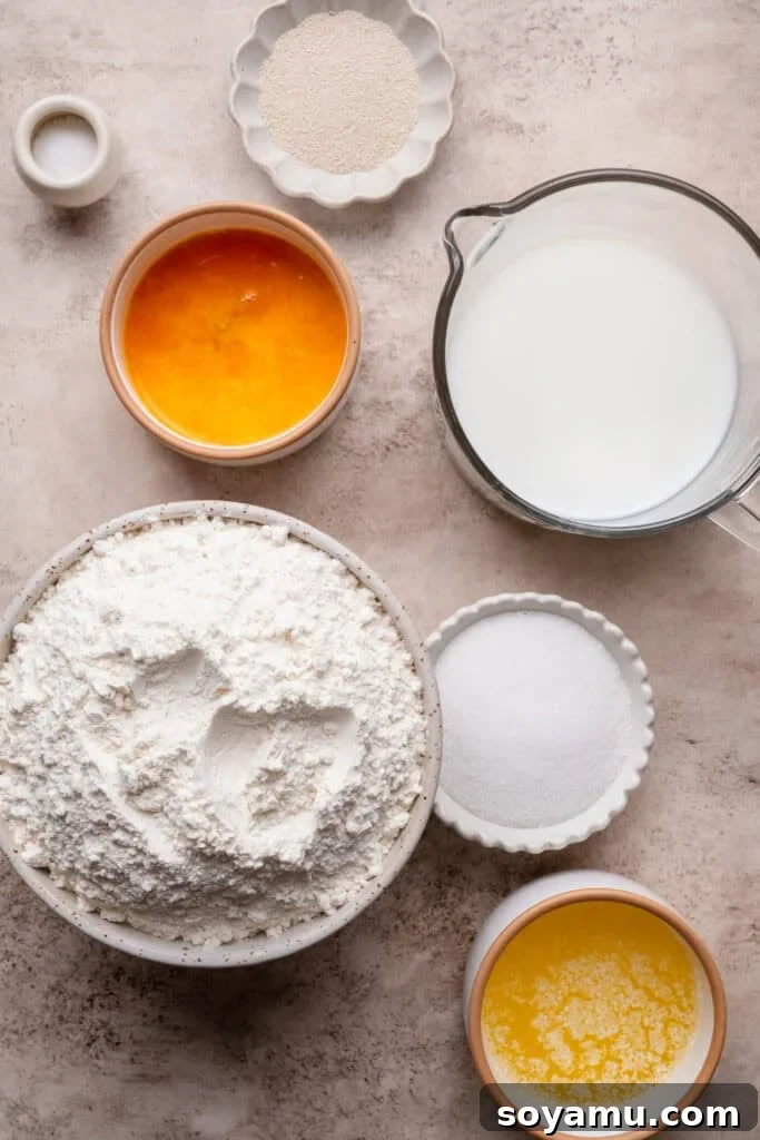 A bird's eye view of all the cinnamon roll dough ingredients.