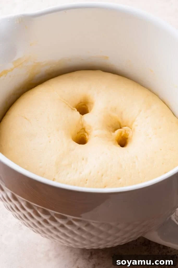 A bowl of the risen dough, with a finger indent in it.